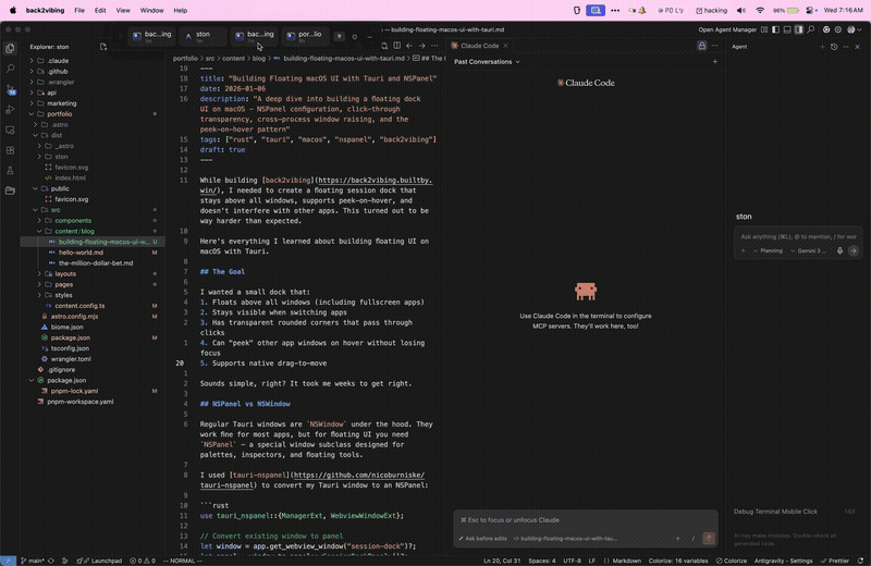 Floating dock demo showing the back2vibing session dock